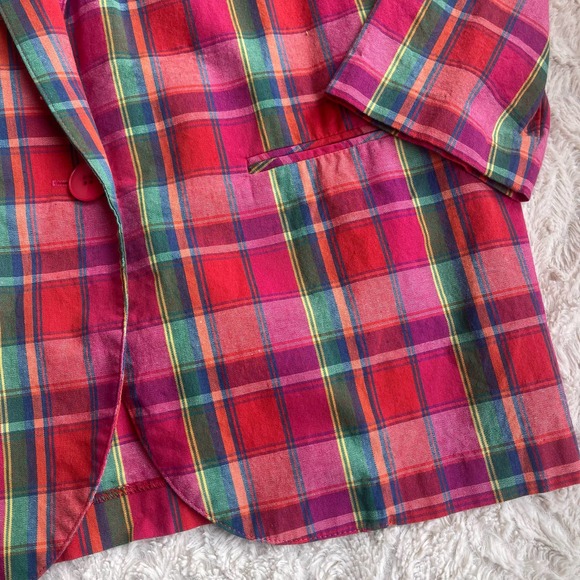 Vintage 90s rainbow plaid single breasted blazer oversized longline colorful M - Picture 7 of 17
